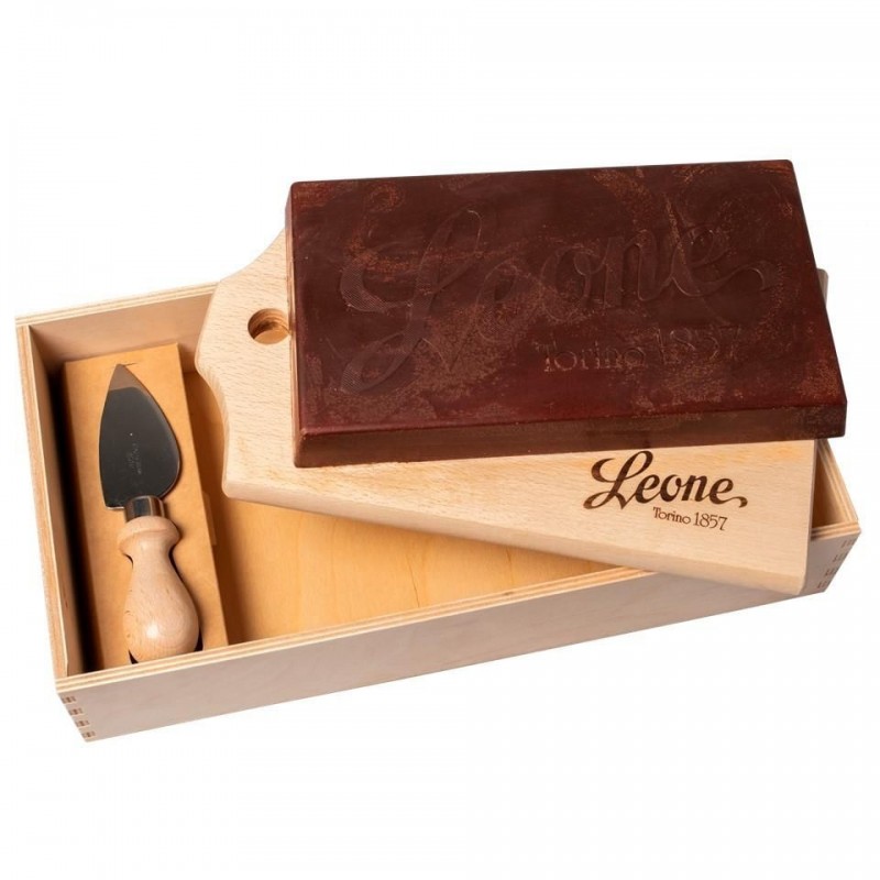 Cioccolato Grezzo Leone  blocco da 1 kg con tagliere - Cassa Legno - Idea Regalo 